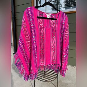 Billabong Boho Poncho Sweater M/L Pink Fringe Southwestern Festival Top